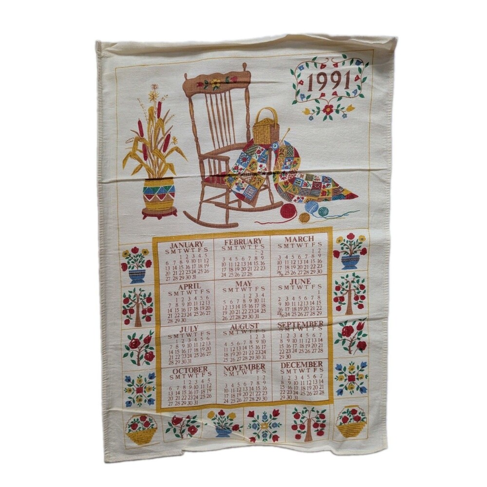 Vintage 1997 Calendar Tea Towel Rocking Chair Quilt Folk Art Cottagecore Decor